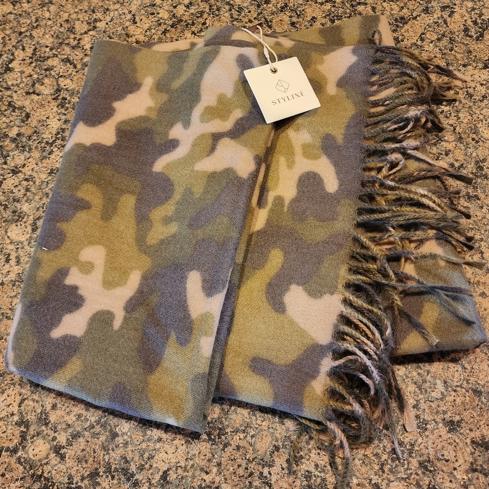 Styline Camouflage Fringed Scarf, NWT